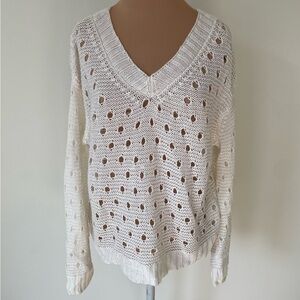 NHBT White Circle Open Knit 100% Linen V-Neck Sweater EUC Size Small